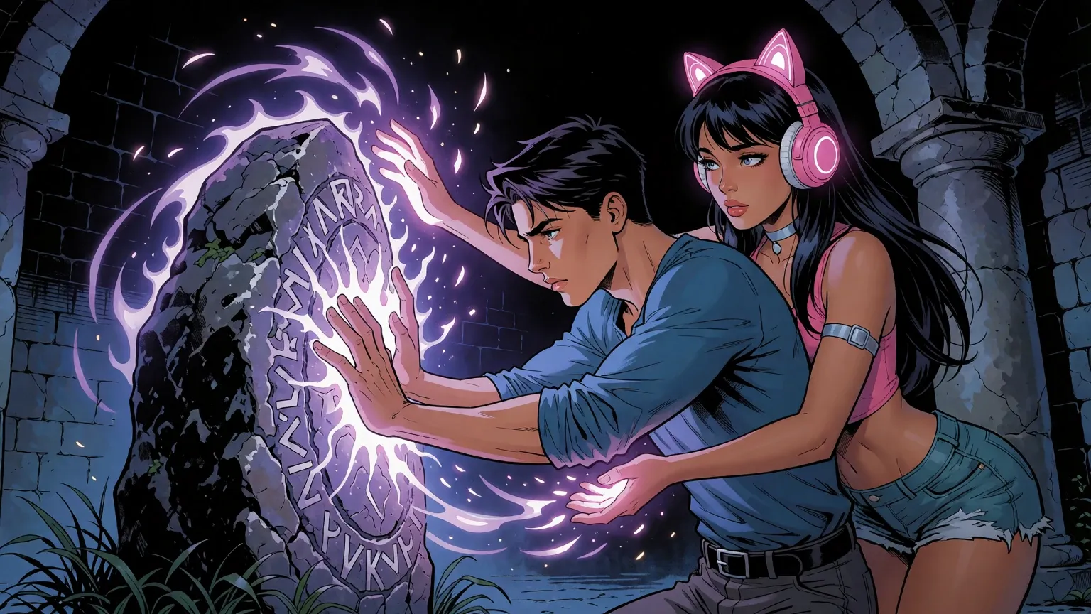 A man and a woman press their hands to a standing stone carved with glowing runes